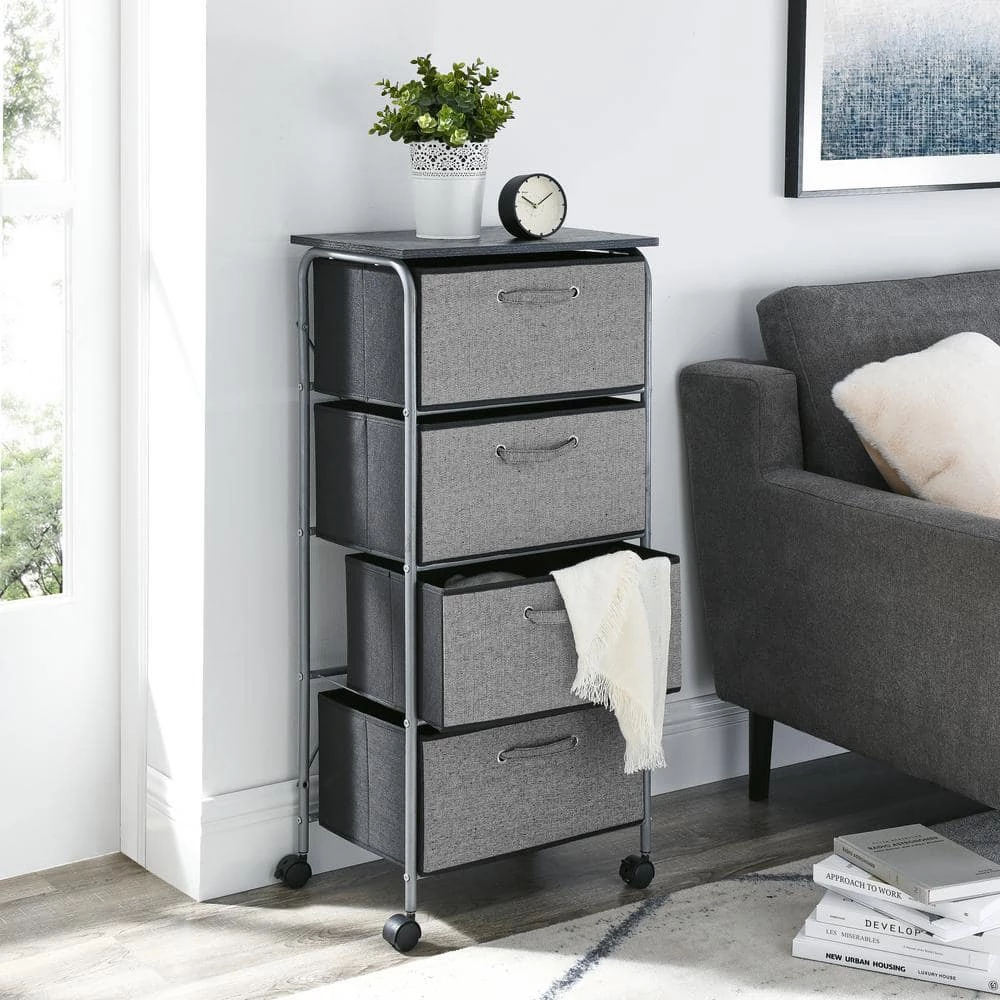4-Drawer Gray Fabric Dresser Storage Tower Shelves with Casters and MDF Top, Organizer Unit for Bedroom,Closet,Entryway by ANBAZAR 2 4-Drawer Gray Fabric Dresser Storage Tower Shelves with Casters and MDF Top, Organizer Unit for Bedroom,Closet,Entryway by ANBAZAR - Image 2
