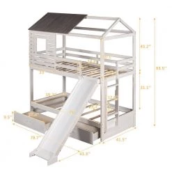 Antique White Detachable House-shaped Kids Bunk Bed with Slide, Twin Size Wood Floor Bunk Bed Frame with 2 Drawers by ANBAZAR -ANBAZAR Sales antique white anbazar bunk beds 01799anna k 1f 1000