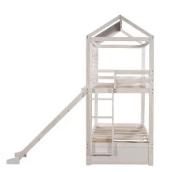 Antique White Detachable House-shaped Kids Bunk Bed with Slide, Twin Size Wood Floor Bunk Bed Frame with 2 Drawers by ANBAZAR -ANBAZAR Sales antique white anbazar bunk beds 01799anna k 44 1000