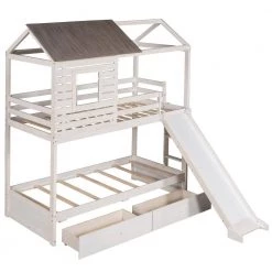 Antique White Detachable House-shaped Kids Bunk Bed with Slide, Twin Size Wood Floor Bunk Bed Frame with 2 Drawers by ANBAZAR -ANBAZAR Sales antique white anbazar bunk beds 01799anna k 4f 1000