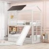 Antique White Detachable House-shaped Kids Bunk Bed with Slide, Twin Size Wood Floor Bunk Bed Frame with 2 Drawers by ANBAZAR