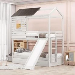 Antique White Detachable House-shaped Kids Bunk Bed with Slide, Twin Size Wood Floor Bunk Bed Frame with 2 Drawers by ANBAZAR