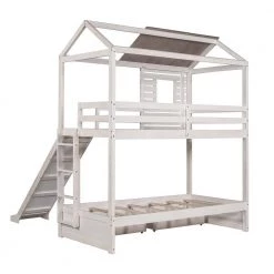 Antique White Detachable House-shaped Kids Bunk Bed with Slide, Twin Size Wood Floor Bunk Bed Frame with 2 Drawers by ANBAZAR -ANBAZAR Sales antique white anbazar bunk beds 01799anna k fa 1000