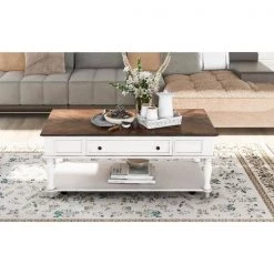 47 .25 in.Rectangle Wood Coffee Table with 2 Drawers and Shelf, Movable with Caster Wheels . by ANBAZAR -ANBAZAR Sales antique white anbazar coffee tables ff34 k 31 1000