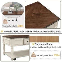 47 .25 in.Rectangle Wood Coffee Table with 2 Drawers and Shelf, Movable with Caster Wheels . by ANBAZAR -ANBAZAR Sales antique white anbazar coffee tables ff34 k 4f 1000