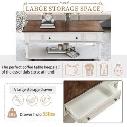 47 .25 in.Rectangle Wood Coffee Table with 2 Drawers and Shelf, Movable with Caster Wheels . by ANBAZAR -ANBAZAR Sales antique white anbazar coffee tables ff34 k c3 1000