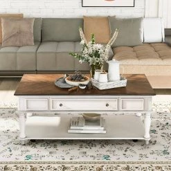 47 .25 in.Rectangle Wood Coffee Table with 2 Drawers and Shelf, Movable with Caster Wheels . by ANBAZAR -ANBAZAR Sales antique white anbazar coffee tables ff34 k fa 1000