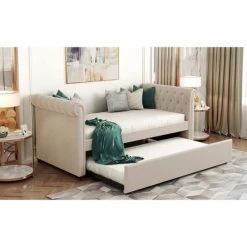 Twin Size Upholstered Tufted Sofa Bed Daybed with Trundle and Wood Slat by ANBAZAR -ANBAZAR Sales beige anbazar daybeds 00458anna 31 1000