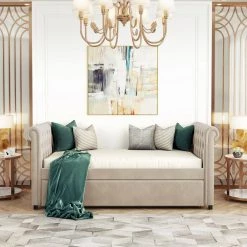 Twin Size Upholstered Tufted Sofa Bed Daybed with Trundle and Wood Slat by ANBAZAR -ANBAZAR Sales beige anbazar daybeds 00458anna 40 1000