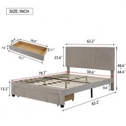 62.2 in. Width Beige Queen Size Wood Velvet Upholstered Platform Bed with a Big Drawer and Tufted Headboard by ANBAZAR -ANBAZAR Sales beige anbazar platform beds 00593anna 1f 1000