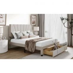 62.2 in. Width Beige Queen Size Wood Velvet Upholstered Platform Bed with a Big Drawer and Tufted Headboard by ANBAZAR -ANBAZAR Sales beige anbazar platform beds 00593anna 31 1000