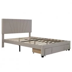 62.2 in. Width Beige Queen Size Wood Velvet Upholstered Platform Bed with a Big Drawer and Tufted Headboard by ANBAZAR -ANBAZAR Sales beige anbazar platform beds 00593anna 44 1000