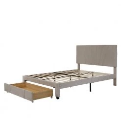 62.2 in. Width Beige Queen Size Wood Velvet Upholstered Platform Bed with a Big Drawer and Tufted Headboard by ANBAZAR -ANBAZAR Sales beige anbazar platform beds 00593anna 4f 1000
