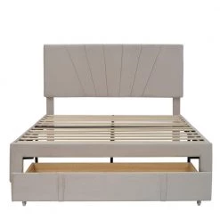 62.2 in. Width Beige Queen Size Wood Velvet Upholstered Platform Bed with a Big Drawer and Tufted Headboard by ANBAZAR