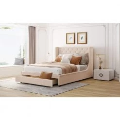 Queen size Velvet Upholstered Platform Bed with Modern Vertical Tufted Wingback headboard, Storage bed With drawer by ANBAZAR 21 Queen size Velvet Upholstered Platform Bed with Modern Vertical Tufted Wingback headboard, Storage bed With drawer by ANBAZAR -ANBAZAR Sales beige anbazar sleigh beds yh 0002b 31 1000