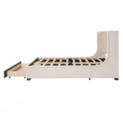 Queen size Velvet Upholstered Platform Bed with Modern Vertical Tufted Wingback headboard, Storage bed With drawer by ANBAZAR 13 Queen size Velvet Upholstered Platform Bed with Modern Vertical Tufted Wingback headboard, Storage bed With drawer by ANBAZAR -ANBAZAR Sales beige anbazar sleigh beds yh 0002b 40 1000