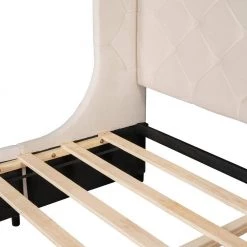 Queen size Velvet Upholstered Platform Bed with Modern Vertical Tufted Wingback headboard, Storage bed With drawer by ANBAZAR 20 Queen size Velvet Upholstered Platform Bed with Modern Vertical Tufted Wingback headboard, Storage bed With drawer by ANBAZAR -ANBAZAR Sales beige anbazar sleigh beds yh 0002b 44 1000