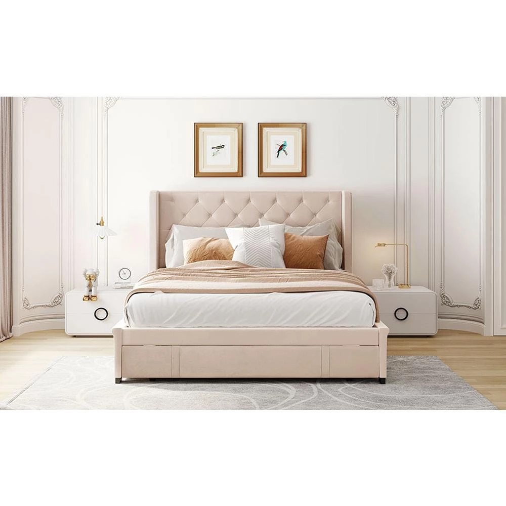Queen size Velvet Upholstered Platform Bed with Modern Vertical Tufted Wingback headboard, Storage bed With drawer by ANBAZAR 1 Queen size Velvet Upholstered Platform Bed with Modern Vertical Tufted Wingback headboard, Storage bed With drawer by ANBAZAR