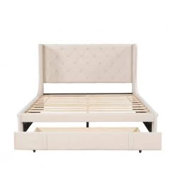 Queen size Velvet Upholstered Platform Bed with Modern Vertical Tufted Wingback headboard, Storage bed With drawer by ANBAZAR 16 Queen size Velvet Upholstered Platform Bed with Modern Vertical Tufted Wingback headboard, Storage bed With drawer by ANBAZAR -ANBAZAR Sales beige anbazar sleigh beds yh 0002b 77 1000