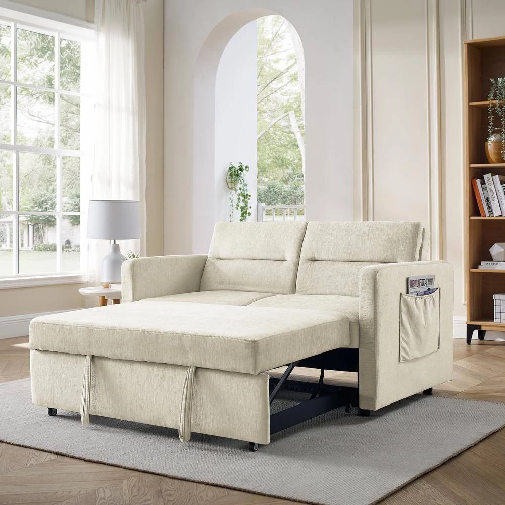 54.5"W Chenille Loveseats Sofa Bed with Pull-out Bed, Adjsutable Back and Two Arm Pocket-Beige by ANBAZAR 10 54.5"W Chenille Loveseats Sofa Bed with Pull-out Bed, Adjsutable Back and Two Arm Pocket-Beige by ANBAZAR - Image 10