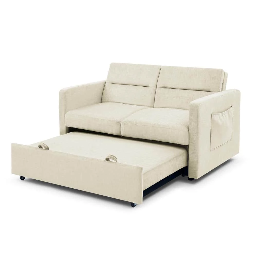 54.5"W Chenille Loveseats Sofa Bed with Pull-out Bed, Adjsutable Back and Two Arm Pocket-Beige by ANBAZAR 9 54.5"W Chenille Loveseats Sofa Bed with Pull-out Bed, Adjsutable Back and Two Arm Pocket-Beige by ANBAZAR - Image 9