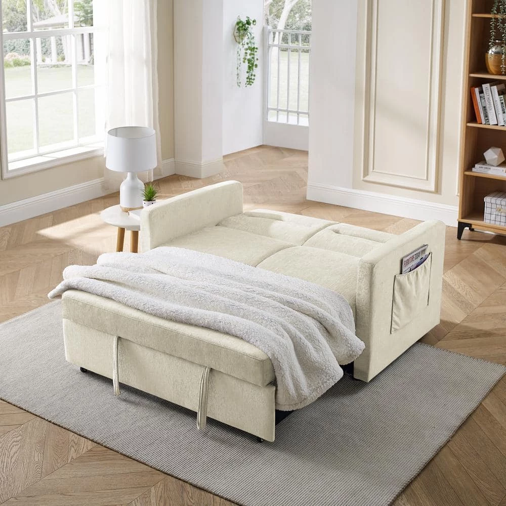 54.5"W Chenille Loveseats Sofa Bed with Pull-out Bed, Adjsutable Back and Two Arm Pocket-Beige by ANBAZAR 3 54.5"W Chenille Loveseats Sofa Bed with Pull-out Bed, Adjsutable Back and Two Arm Pocket-Beige by ANBAZAR - Image 3