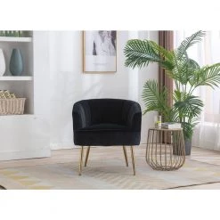 Velvet Barrel Chair/Accent Chair, Single Sofa Chair with Back, Tufted Upholstered Armchair with Metal Legs,Bedroom,Black by ANBAZAR -ANBAZAR Sales black anbazar accent chairs wjz 137e a0 1000