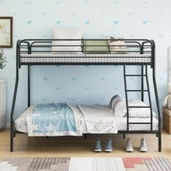 Black Twin Over Full Heavy Duty Bunk Bed with Ladder, Kids Metal Bunk Bed Frame With High Saferail and Steel Slats by ANBAZAR