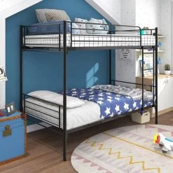 Black Twin Over Twin Bunk Bed with Metal Frame and Ladder, Kids Twin Size Bunk Bed Frame with Full-length Saferail by ANBAZAR -ANBAZAR Sales black anbazar bunk beds 01400anna b 31 1000