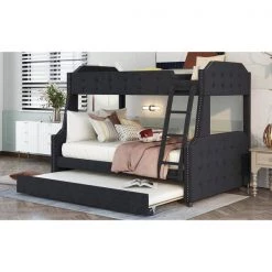 Black Twin Over Full Velvet Upholstered Bunk Bed with Trundle and Ladder, Tufted Button Wood Kids Bunk Bed Frame by ANBAZAR -ANBAZAR Sales black anbazar bunk beds 01699anna b 31 1000