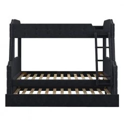 Black Twin Over Full Velvet Upholstered Bunk Bed with Trundle and Ladder, Tufted Button Wood Kids Bunk Bed Frame by ANBAZAR -ANBAZAR Sales black anbazar bunk beds 01699anna b 4f 1000
