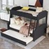 Black Twin Over Full Velvet Upholstered Bunk Bed with Trundle and Ladder, Tufted Button Wood Kids Bunk Bed Frame by ANBAZAR