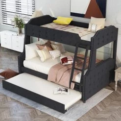 Black Twin Over Full Velvet Upholstered Bunk Bed with Trundle and Ladder, Tufted Button Wood Kids Bunk Bed Frame by ANBAZAR
