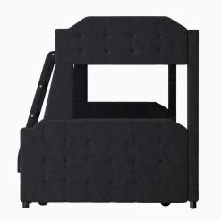 Black Twin Over Full Velvet Upholstered Bunk Bed with Trundle and Ladder, Tufted Button Wood Kids Bunk Bed Frame by ANBAZAR -ANBAZAR Sales black anbazar bunk beds 01699anna b 76 1000