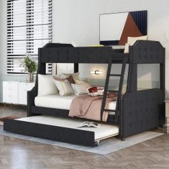 Black Twin Over Full Velvet Upholstered Bunk Bed with Trundle and Ladder, Tufted Button Wood Kids Bunk Bed Frame by ANBAZAR -ANBAZAR Sales black anbazar bunk beds 01699anna b c3 1000