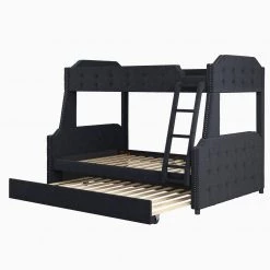 Black Twin Over Full Velvet Upholstered Bunk Bed with Trundle and Ladder, Tufted Button Wood Kids Bunk Bed Frame by ANBAZAR -ANBAZAR Sales black anbazar bunk beds 01699anna b fa 1000