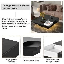 31.5 in. Minimalist Design Square Coffee Table with Detachable Tray and Plug-in 16-color LED Strip Lights -Black by ANBAZAR -ANBAZAR Sales black anbazar coffee tables d 001254 b 1f 1000