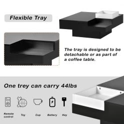 31.5 in. Minimalist Design Square Coffee Table with Detachable Tray and Plug-in 16-color LED Strip Lights -Black by ANBAZAR -ANBAZAR Sales black anbazar coffee tables d 001254 b 4f 1000