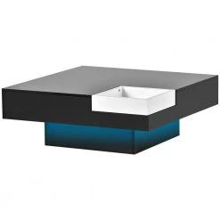 31.5 in. Minimalist Design Square Coffee Table with Detachable Tray and Plug-in 16-color LED Strip Lights -Black by ANBAZAR