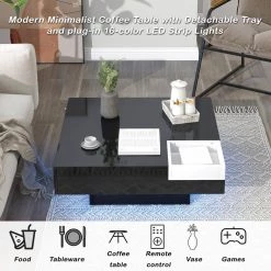 31.5 in. Minimalist Design Square Coffee Table with Detachable Tray and Plug-in 16-color LED Strip Lights -Black by ANBAZAR -ANBAZAR Sales black anbazar coffee tables d 001254 b c3 1000