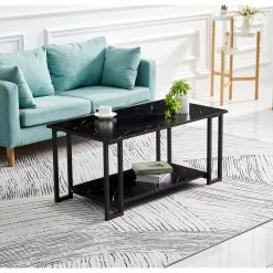 2 Layers Coffee Table with Thick Marble MDF Tabletop, Iron Coffee Table for Living Room, Black by ANBAZAR -ANBAZAR Sales black anbazar coffee tables d 001286 b 31 1000
