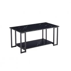2 Layers Coffee Table with Thick Marble MDF Tabletop, Iron Coffee Table for Living Room, Black by ANBAZAR