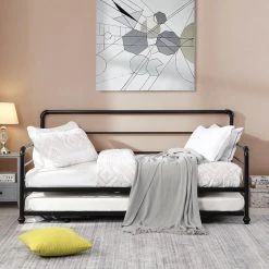 Twin Size Black Metal Daybed with Adjustable Trundle, Steel Daybed with Pop Up Trundle, Extendable Daybed Frame by ANBAZAR -ANBAZAR Sales black anbazar daybeds 00215anna 40 1000