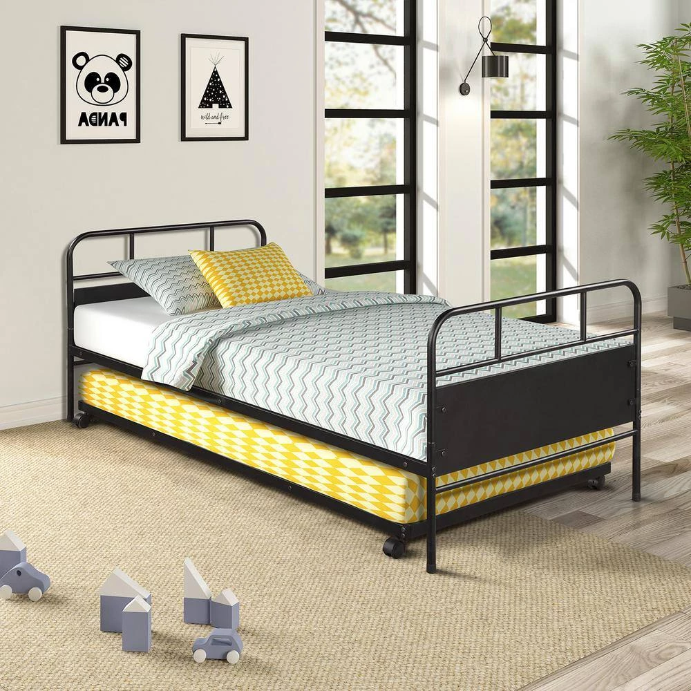 Black Twin Size Metal Daybed with Trundle Bed, Steel Platform Bed Frame with Built-in Casters for Living Room by ANBAZAR 3 Black Twin Size Metal Daybed with Trundle Bed, Steel Platform Bed Frame with Built-in Casters for Living Room by ANBAZAR - Image 3