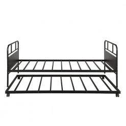 Black Twin Size Metal Daybed with Trundle Bed, Steel Platform Bed Frame with Built-in Casters for Living Room by ANBAZAR