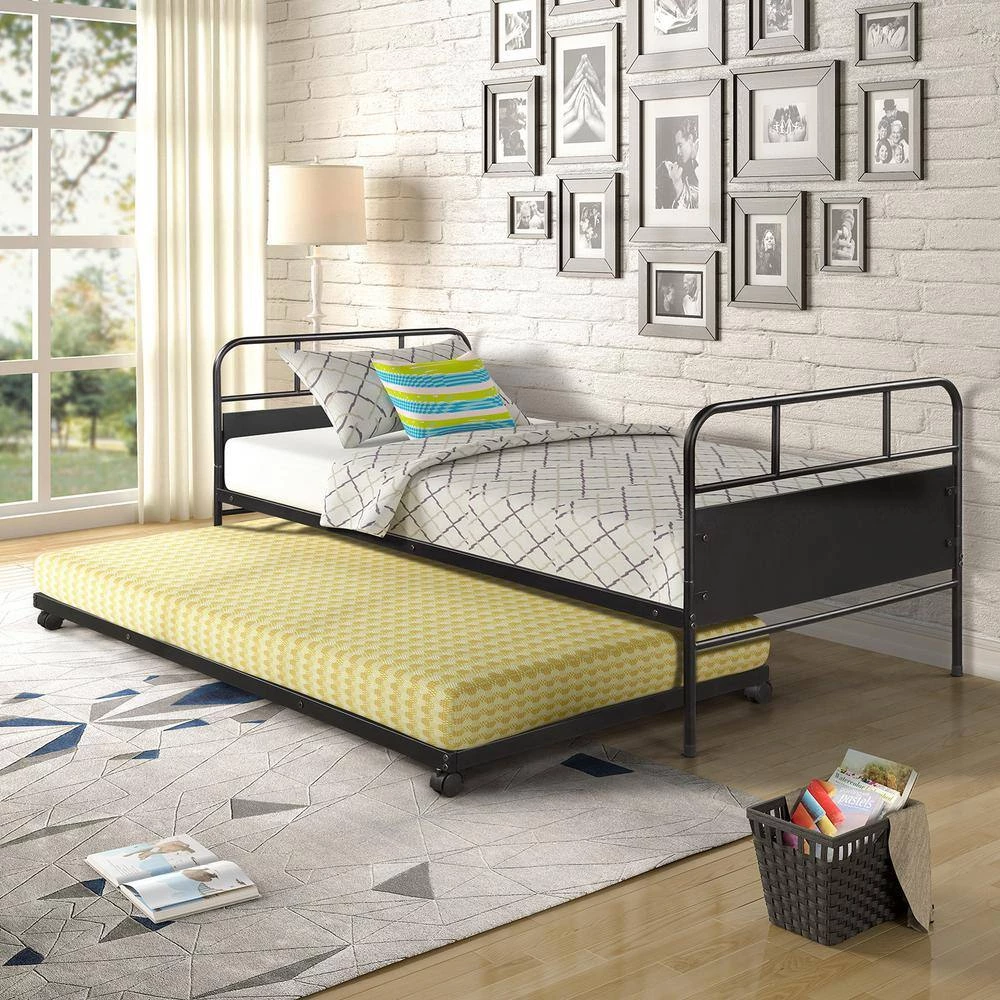 Black Twin Size Metal Daybed with Trundle Bed, Steel Platform Bed Frame with Built-in Casters for Living Room by ANBAZAR 2 Black Twin Size Metal Daybed with Trundle Bed, Steel Platform Bed Frame with Built-in Casters for Living Room by ANBAZAR - Image 2