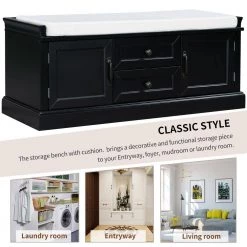 Black Wood Entryway Storage Cushioned Shoe Bench Organizer 42.5"L x 15.9"W x 17.5"H with 2 Drawers and 2 Cabinets by ANBAZAR -ANBAZAR Sales black anbazar dining benches 01553anna b 31 1000