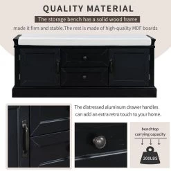 Black Wood Entryway Storage Cushioned Shoe Bench Organizer 42.5"L x 15.9"W x 17.5"H with 2 Drawers and 2 Cabinets by ANBAZAR -ANBAZAR Sales black anbazar dining benches 01553anna b fa 1000