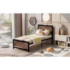 Black Twin Size Metal Platform Bed with Wooden Headboard and Footboard, Kid Platform Bed Frame with Steel Slats by ANBAZAR -ANBAZAR Sales black anbazar kids beds 00604anna 31 1000