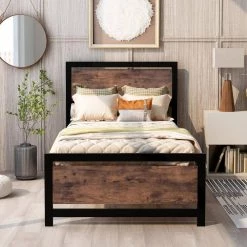 Black Twin Size Metal Platform Bed with Wooden Headboard and Footboard, Kid Platform Bed Frame with Steel Slats by ANBAZAR -ANBAZAR Sales black anbazar kids beds 00604anna 40 1000